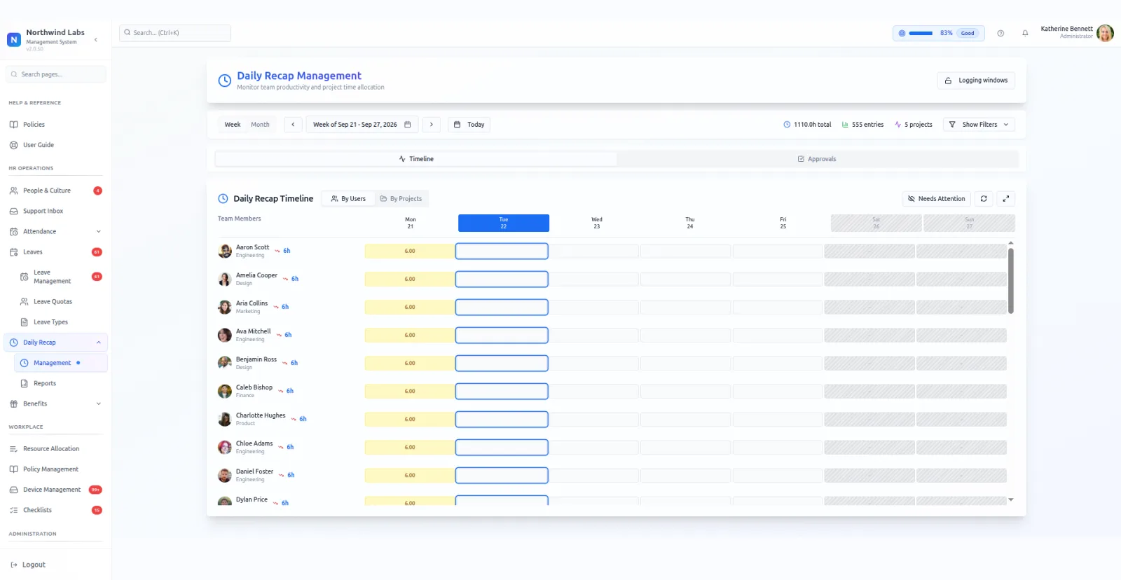 Timesheet software with daily recap and approvals in PeopleMuster, shown on a demo company.