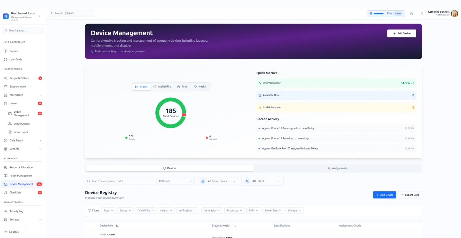 Hardware inventory software with serials and holders in PeopleMuster, shown on a demo company.