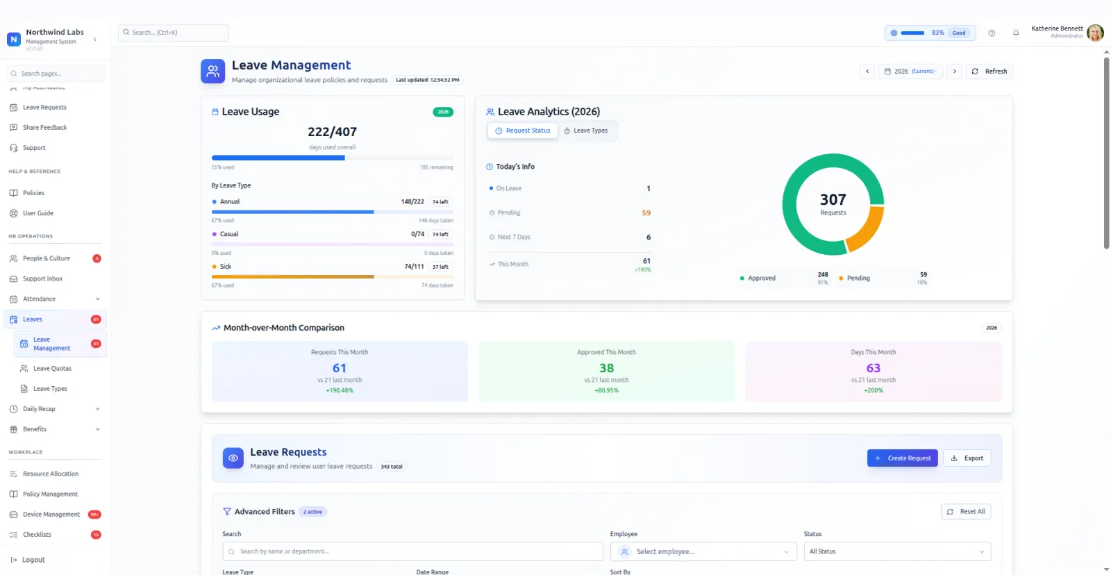 Leave management system with quotas and approvals in PeopleMuster, shown on a demo company.