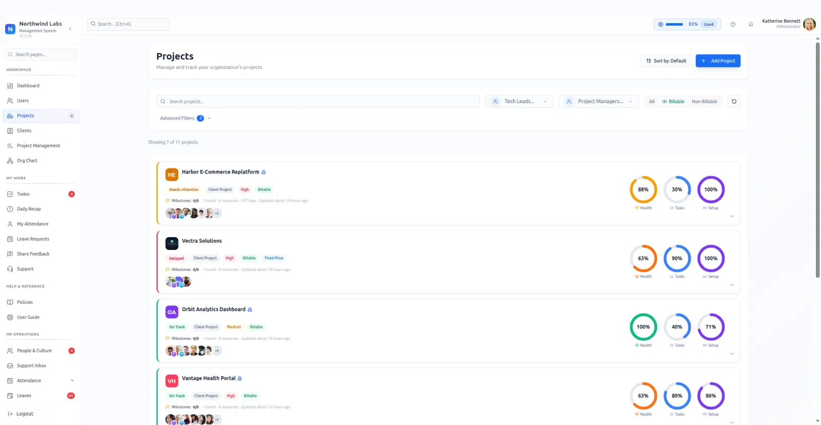 Projects in PeopleMuster, shown on a demo company.